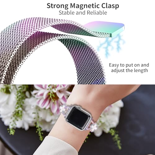 Joyozy Slim Metal Band Compatible with Apple Watch Band 38mm 40mm 41mm 42mm 44mm 45mm 46mm 49mm Skinny Magnetic Strap with Bling Charms, Cute Stainless Steel Band, Dressy Thin iWatch Bracelet for Women