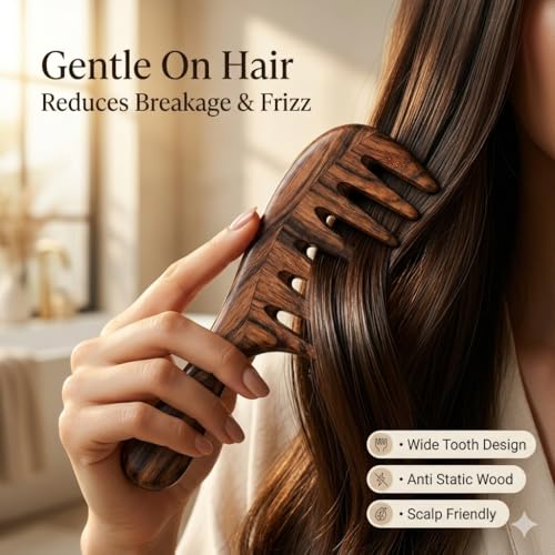 Image of Anti-Hair Fall Indian Rosewood Wooden Comb for Hair - Anti Static Sheeham Wood Comb - Extra Wide Tooth Natural Hair Comb for Men & Women - Handmade Detangling Comb for Curly , Thick & Long Hair - Anti Frizz Scalp Massage - Pack of 1