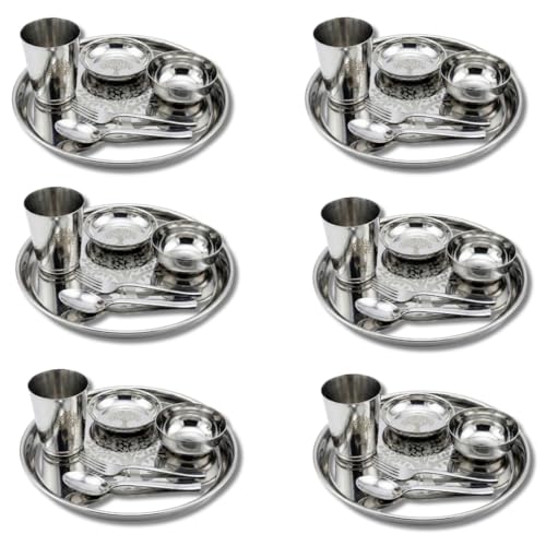 Image of Human Hydro Stainless Steel Thali Dinner Set | 36-Piece: 6 Plates, 6 Bowls (Katoris), 6 Side Plates, 6 Glasses, 6 Spoons & 6 Forks | Food-Grade, Rust-Free, Mirror Finish | Dishwasher Safe