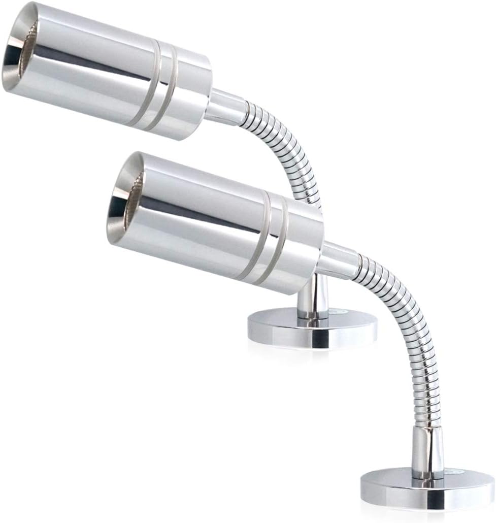 THALASSA12V Flexible Short Gooseneck RV RV Reading Lamp - Dual Lighting Mode, Polished Chrome Touch Dimmer Switch, 1.4W, 2800-3200k, Surface Mount on Caravan, Boat, Yacht, Spot Light, 2 Pack