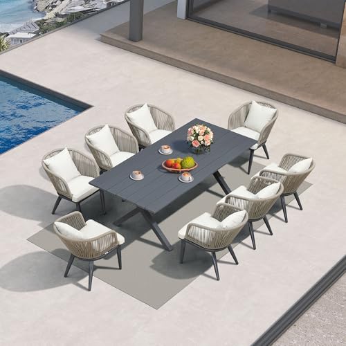 Image of PURPLE LEAF 9 Pieces Patio Dining Set Wicker Outdoor Furniture Rectangular Table and Chairs Set for Garden Deck Aluminum Frame Backyard Kitchen Set, Cushions and Pillows Included Taupe