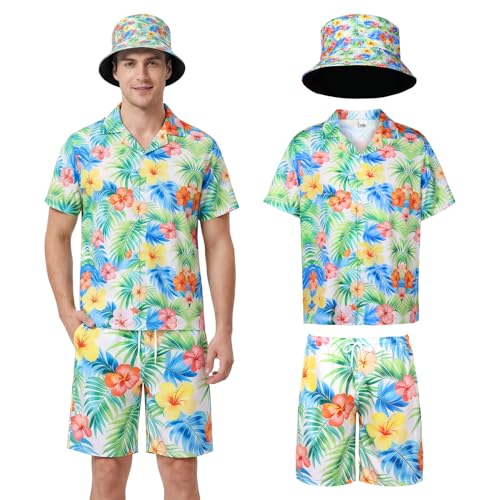 Formemory Hawaii Outfit Herren Hawaiihemd Herren Kurzarm mit Shorts und Anglerhut 3 Teilig Sommer Set Festival Outfit Herren (DE/NL/SE/PL Alphanumerisch L Regular Regular Grün)
