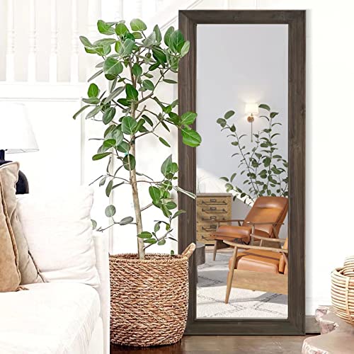 Image of NeuType 65 inchx22 inch Full Length Mirror Floor Mirror with Standing Holder Solid Wood Frame Large Bedroom Mirror Wall Mounted Mirror Hanging or Leaning Against Wall, Charcoal Brown