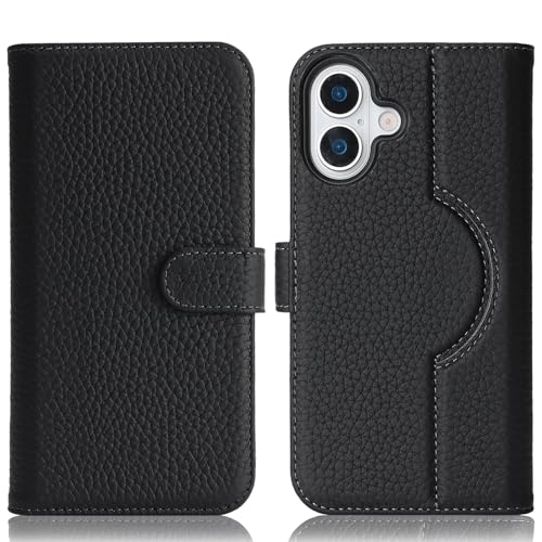 Image of Detachable Genuine Leather Case for iPhone 17 Wallet Case Magnetic 2in1 Removable Flip Cover Book Purse Compatible with Magsafe Charging Kickstand Card Holder-Black