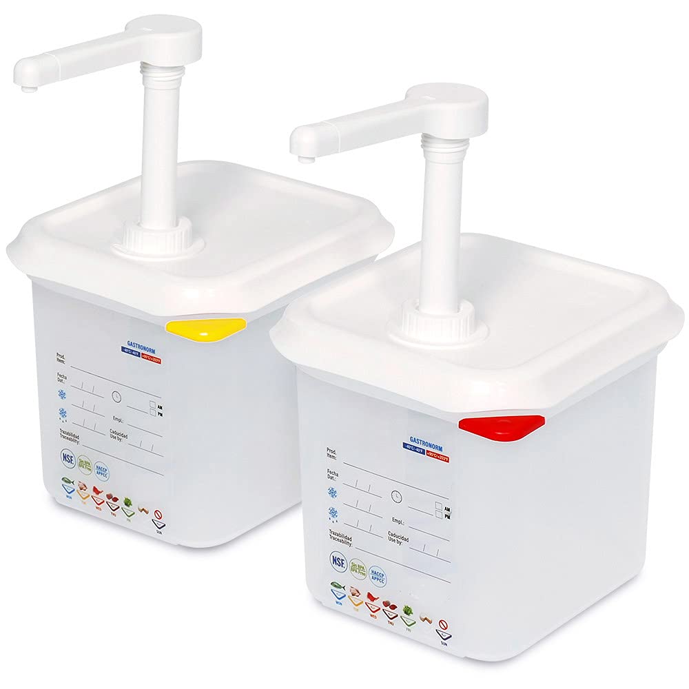 Juego de 2 dispensadores de salsas GN1/6 con soporte transparente.