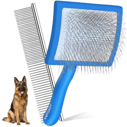 WOPQAEM Slicker Bürste für Hunde & Katzen – mit Holzgriff und extra Langen Edelstahlpins – entfernt Unterwolle, Knoten & Verfilzungen – mit Pflegekamm – für Golden Retriever & Maine Coon – Blau