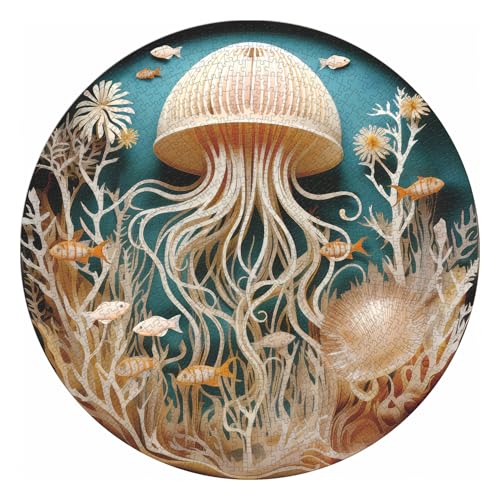 Puzzle de Medusas del Océano para Adultos 1000 Piezas, Rompecabezas Imposible de Pescado en el Profundo Azul, Puzzle Redondo de Medusas con Arte en Papel como Decoración de Pared miniatura 2