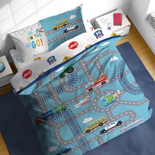 Image of Sunny Side Up On The Go Full Comforter Set - 7 Piece Kids Bedding Includes Comforter, Sheets & Pillow Cover - Super Soft Vehicles Microfiber Bed Set