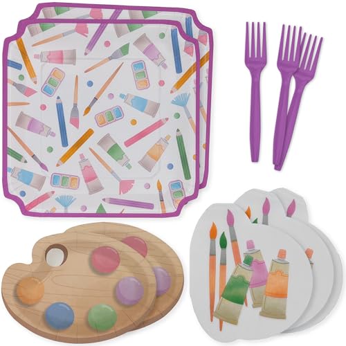 Modern Whimsy Art Party Decorations - 64 Pc Art Birthday Party Tableware Serves 16 - Paint-Palette Plates Napkins & Forks - Kids Art Party Supplies & Paint Party Decorations for Sip and Paint