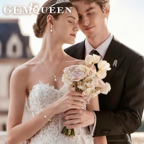 GEMQUEEN 14K Gold Plated Pearl Jewelry Set for Women - 925 Sterling Silver Post Dangle Earrings Dainty Pearl Necklace Bracelet Wedding Jewelry Sets for Bride Bridesmaid CZ Costume Accessories Trendy - Image 5