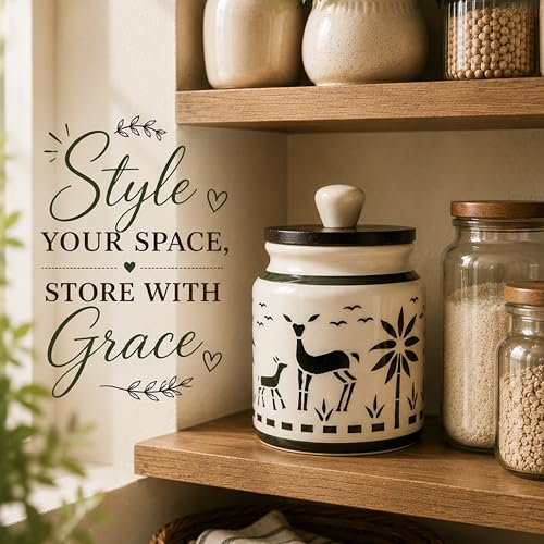 Image of Ceramic Kitchen Jars for Storage | Air Tight Containers with Wooden Lids | Masala, Salt, Pickle, Dry Fruits & Multi Utility Items Organiser Set (Hand-Painted, Green Deer, 450 ML, Pack of 1)