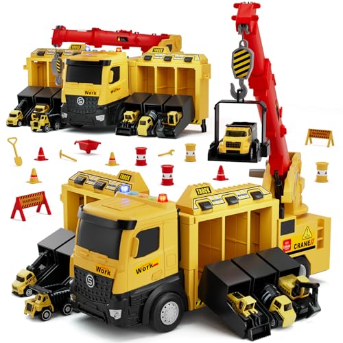Lehoo Castle Construction Truck Toys for Boys 3 4 5 Years Old Construction Vehicles with Light & Sound Crane Truck Toys Birthday Gifts for Kids 3 4 5 Years Old