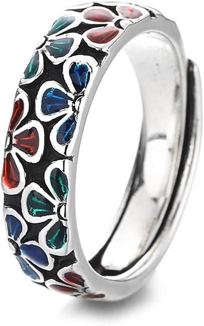Metmejiao Vintage Plum Enamel Cloisonne Ring Women Engagement Party Ring Jewelry 925 Sterling Silver Handmade Colorful Enamel Plum Flower Ring