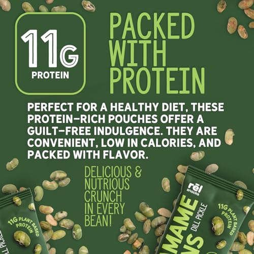 Image of Rel Snacks Dill Pickle Roasted Edamame Beans, High Protein Low Carb Snack, 11g Plant Protein, 1g Net Carbs, Keto, Vegan, Non-GMO, Made with Avocado Oil, 10 Single Serve 0.9 oz Packs