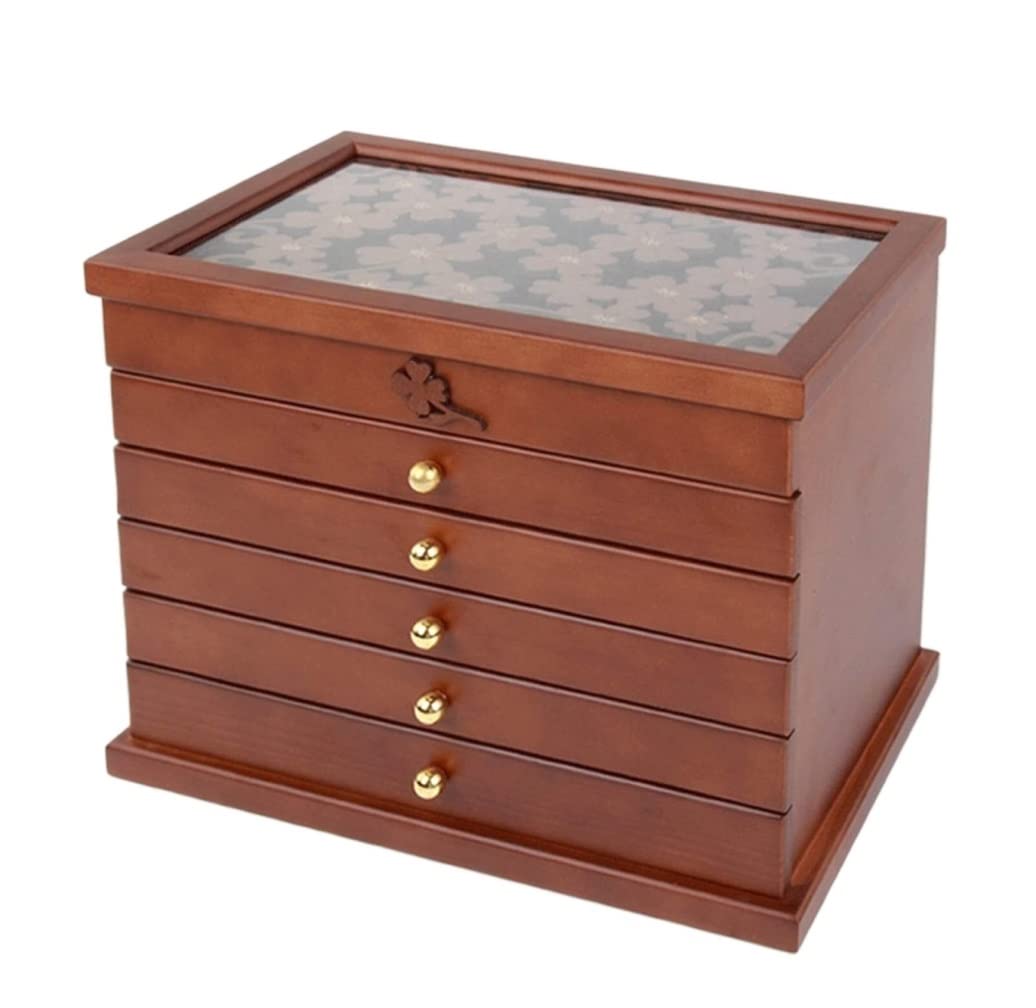 TIANQIHAO Jewelry Box 6 Layers Solid Wooden Jewelry Organizer With 5 Drawers Large Wooden Storage Jewelry Tray Case For Woman. Jewellry Holder,A-30.5 * 19 * 24.5cm