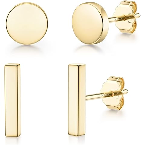 JIAYIQI Minimalist 925 Sterling Silver Stud Earrings Set, 14K Gold Plated Hypoallergenic Tiny Bar Dot Heart Star Studs for Women & Men