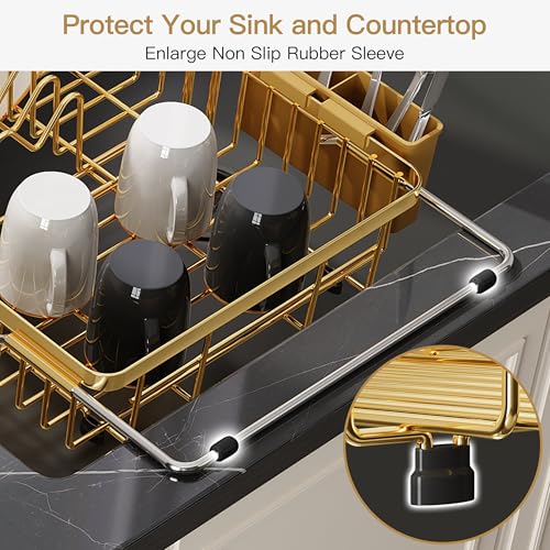 Image of JASIWAY Gold Dish Drying Rack Over the Sink with Utensil Holder