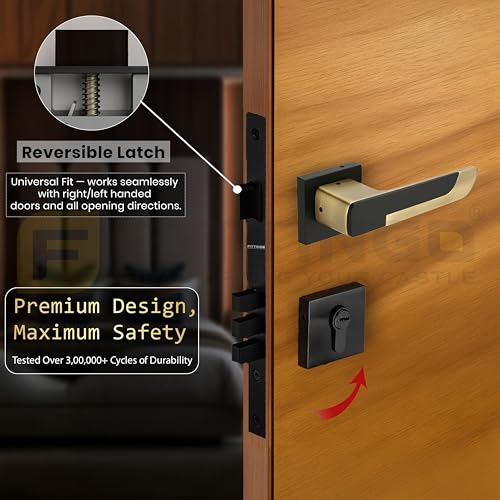 Image of Munich Mortise Door Handle Lock Set /Premium Zinc Alloy Door Handle with Lock /Heavy Duty Main Door Handle with Key Lock for Home, Office & Hotel Doors - 3 Years Warranty - Antique Black