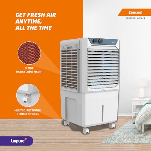 Image of Livpure Zencool Personal Air Cooler- 45L with High Air Delivery, Motor with Thermal Overload Protection, Anti-Bacterial Honeycomb Pads | Inverter Compatibility| 2 year Motor Warranty by Livpure