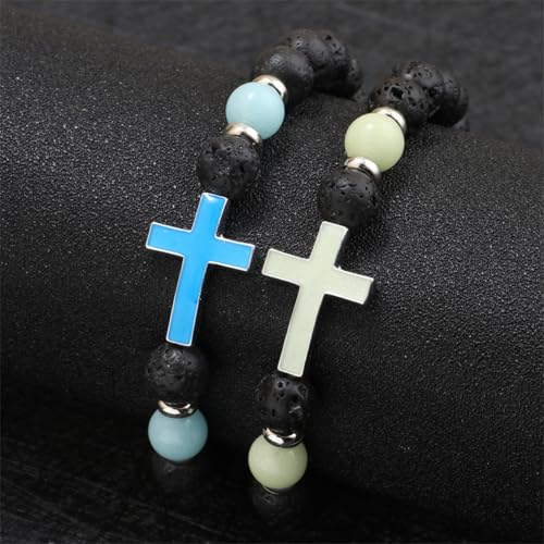 8mm Natural Volcanic Stone Bracelets for Men,Luminous Cross Bracelets,Healing Crystal Elastic Stretch Beads Bracelet,Religion Holy Communion Bracelet for Women4