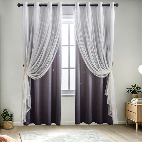 Image of indistar Dreamy Star Cutout Blackout Curtains with White Sheer,Double Layer Curtains for Girls Bedroom, Hollow Out Drapes for Nursery (2 Panel,52Wx72L,Dark Grey)