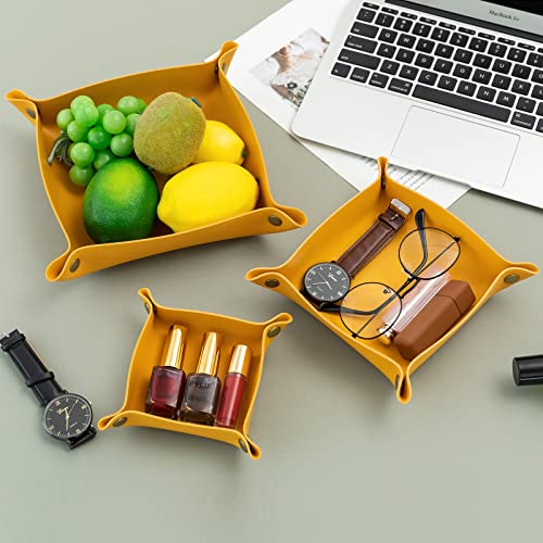 Tskijun 3 Packs Pu Leather Tray In 3 Sizes Jewelry Tray Glossy Leather Desk Organizer Leather Catchall Tray For Jewelry/Key/Coin/Sun Glasses/Watch/Usb Cables Etc. (Yellow) #TOP2