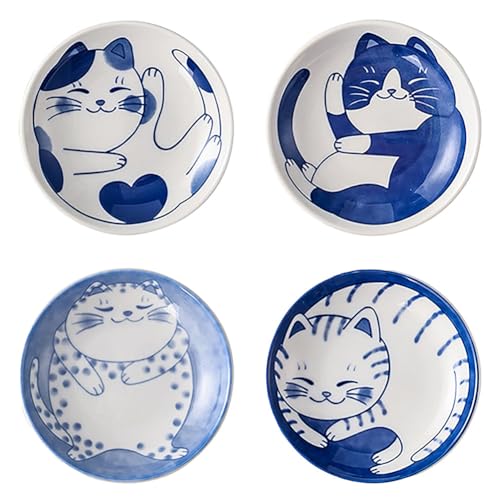 Cute Cat Soy Sauce Plate Set of 4, Japanese Ceramic Cat Bowls - Small 4 Inches Set for Appetizer, Dessert, Sushi - Serving Dish Set of 4