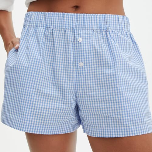 Image of Y2k Plaid Shorts Cute Baggy Ginghem Boxer Shorts for Women Checked Lounge Pajama Bottom Preppy Sleep Pj Shorts