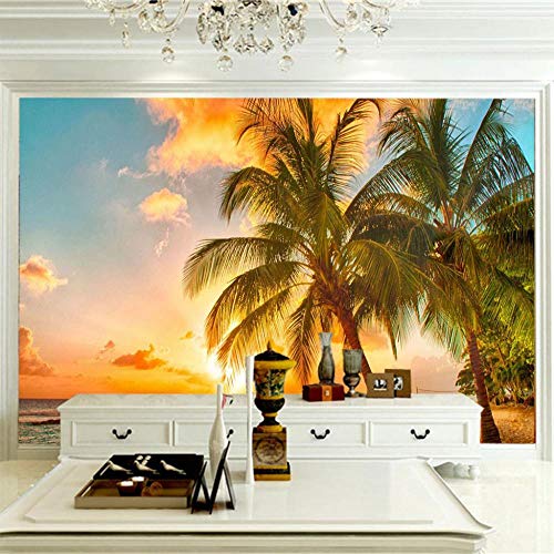 Papier peint photo plage palmiers pour masquer un mur abîmé et illuminer le salon