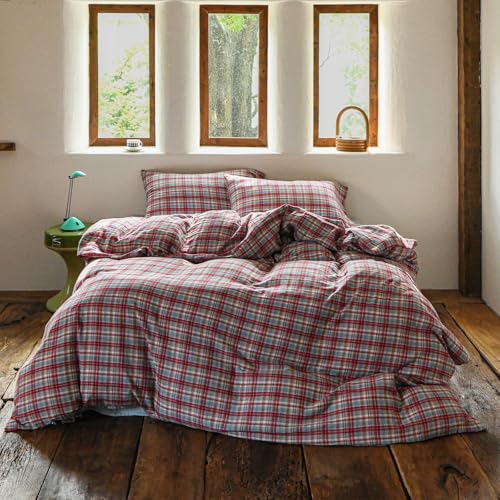Image of EAVD Vintage Style Red&Blue Gingham Duvet Cover King Soft 100% Cotton Muslin Yarn-Dyed Textured Retro Grid Plaid Bedding Set Reversible British-Style Gingham Bedding Set with Zipper Closure