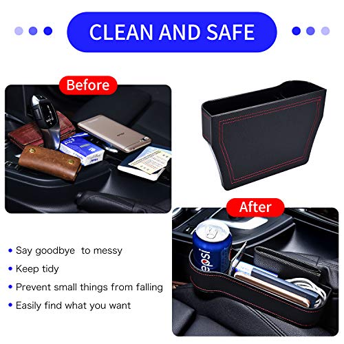 Car Seat Gap Filler Organizer 2 Packs PU Leather Front Seat Organizer with Cup Holder, Storage Box, Console Side Pocket for Cellphone, Wallet, Coins, Keys, Cups, Cards, Sunglass (Black)