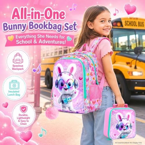 Image of AGSDON 3PCS Backpack for Girls, 16 inch Little Kids Rabbit Preschool Bookbag, Elementary Backpacks and Lunch Box - Purple
