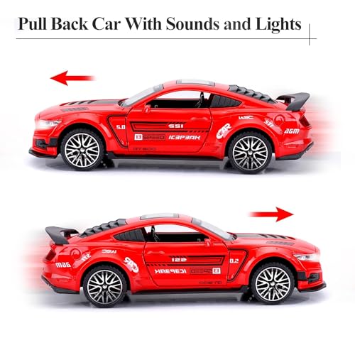 Image of 1:32 Mustang GT500 Diecast Metal Pullback Toy car with Openable Doors & Light, Music Boys car for Kids Best Toys Gifts Toys for Kids-Red