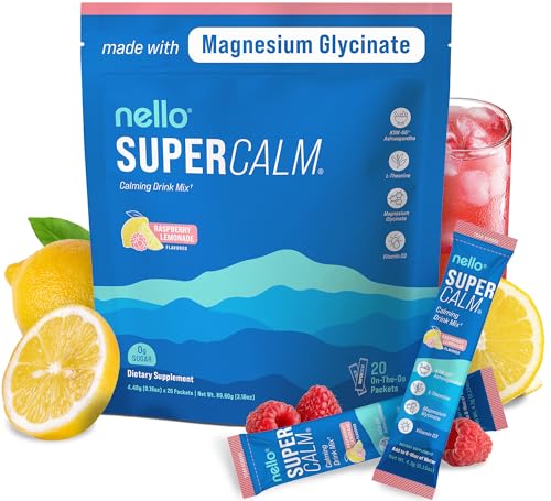 nello supercalm powdered drink mix raspberry lemonade l theanine ksm-66 ashwagandha magnesium glycinate vitamin d 3 supplements for relaxation amp focus no sugar non gmo on the go 20 ct