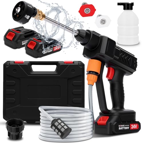 Nettoyeur Haute Pression sans Fil, Max 260 PSI Pistolet Haute Pression sans Fil avec 2 Batteries, 5M Tuyau, Pulvérisateur de Mousse, Adapté pour Nettoyer Les Voitures,...