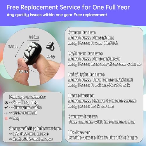 Novzix TikTok Scrolling Ring Microphone Remote Control,fingertip wireless bluetooth remote control;f