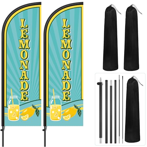 Image of Remagr 2 Pack Lemonade Feather Flag 7 ft Advertising Swooper Flag Sign Windless Lemonade Banner with Pole Kit and Ground Stake for Businesses Restaurants Outside Ground(Light Blue)