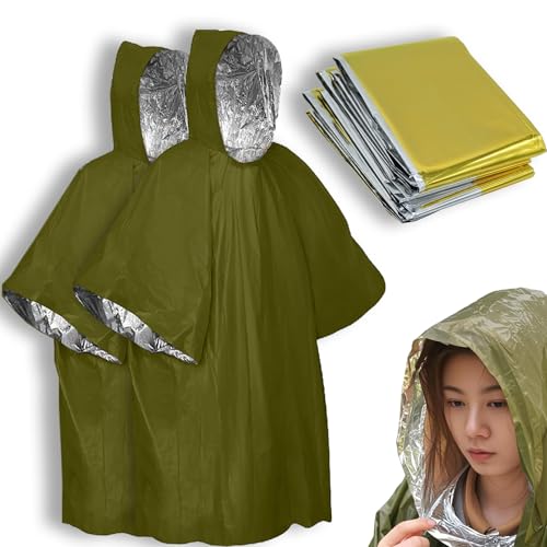 4X Survival Gear kit, Emergency Poncho (2pc), Emergency Space Blanket (2pc), Mylar Liner - Retains 92% Body Heat, for Outdoors, Hiking, Camping, Bug Out Bag, Marathons or First Aid, Car (Green)