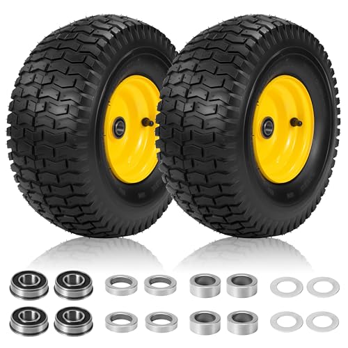 2 Pcs 15x6.00-6 Tubeless Lawn Mower Tire and Wheel 15x6-6 Lawn Mower Front Tires Compatible with John Deere Riding Mowers Lawn Tractors with 3/4 & Extra 5/8 Bearings 3-4.4 Offset Hub Yellow