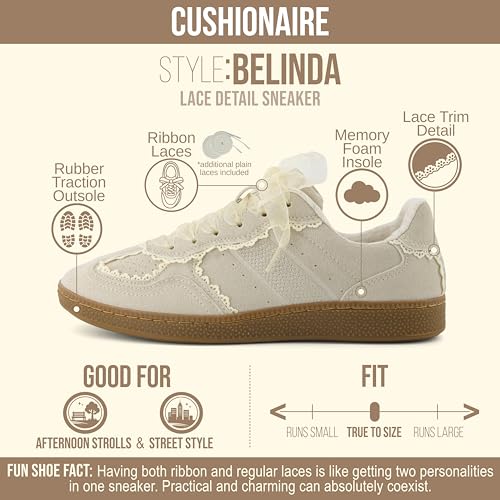 Image of CUSHIONAIRE Belinda Women's Lace Detail Casual Sneakers - Elegant Ribbon Lace-Up Shoes with Memory Foam