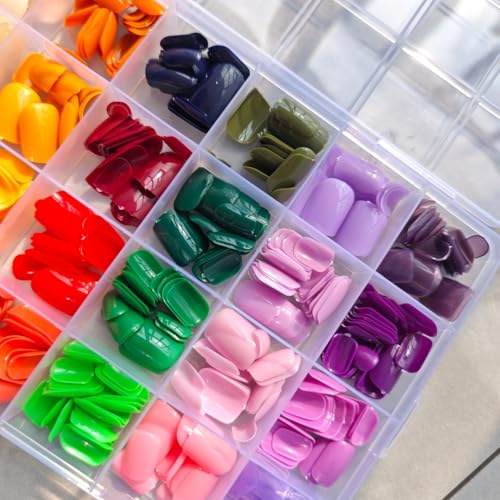 Image of 576Pcs Press on Nails Solid Color Fake Nails Short Square Nail Press ons 24 color of Purple Green Yellow Glossy Full Cover Stick on Nails for Women Manicure DIY