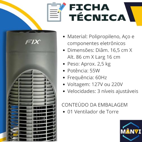 Circulador Ventilador de Torre com 3 Velocidades Ajustáveis, 55W, Super Silencioso, Modelo Slim Comp