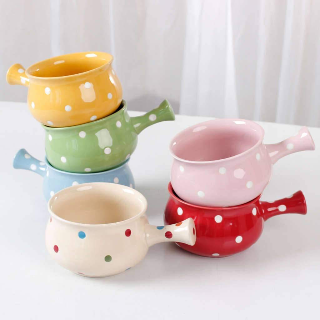 Suppenschüsseln mit Griff Tupfen Keramik Haferflocken Frühstück Instant-Nudeln Backen Gebackener Reis Süße Kinder Verbrühungsschutz 550ML-Beige + Teller