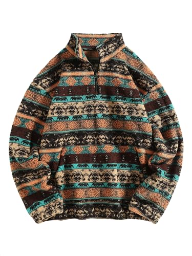 ZAFUL Men 1/4 Zipper Sweatshirt Ethnic Aztec Printed Kangaroo Pocket Fall Winter Pullovers Jacket Unisex Hoodie Tops