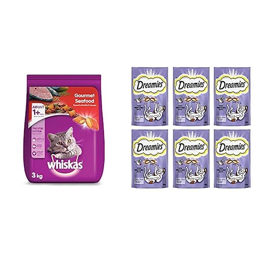 Sponsored Ad – Whiskas Gourmet Seafood Dry Food, Bag of 3kg. + Dreamies Cat Treats, Duck, 60G X 6