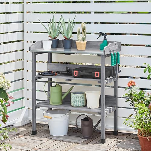 Yaheetech Pflanztisch Outdoor wetterfest, Gärtnertisch 77 x 37 x 90 cm mit verzinkter Arbeitsplatte & 2 Ablagefächer & 3 Haken Blumentisch aus Tannenholz für Garten/Balkon/Terrasse Grau