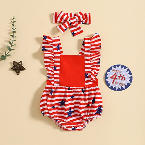 Ritatte 4Th Of July Baby Girl Onesie Romper Stars Stripe One-Pieces Jumpsuits Bodysuit American Flag Playsuit +Headband(Red-Stars,6-12M(80)) #TOP1