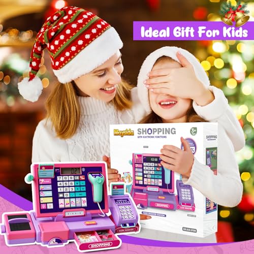 Image of Upgraded Kids Cash Register Toy for Boys Girls, Toddler Pretend Play Cashier Register with Shop Accessories, Calculator Cash Register with Scanner /Credit Card (Pink)