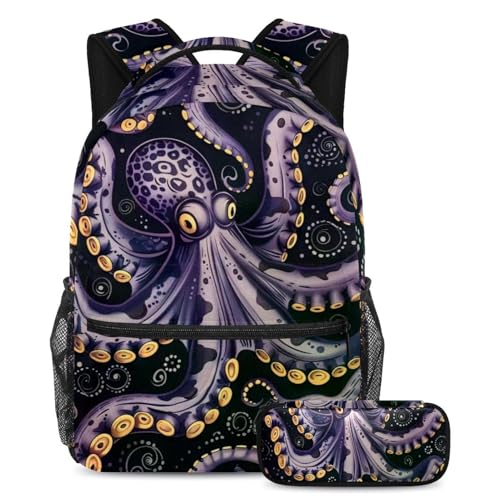 Sac à dos école pieuvre violette 2 pièces avec trousse pour ados