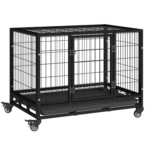 PawHut Jaula de Metal para Perros con Ruedas y Frenos Bandeja Extraíble y Puerta con Pestillo para Golden Retriver Labrador 92x62x75 cm Negro